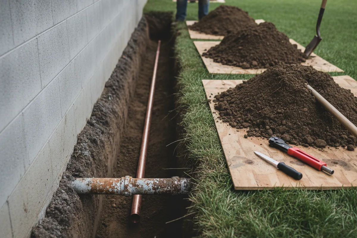 Excavated water line trench during Sewer Line Repair in Harned